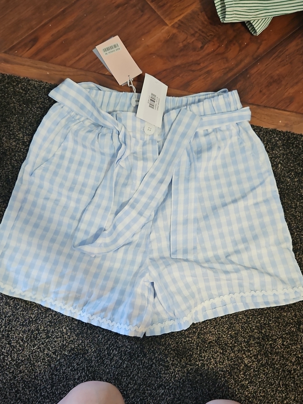 High-Waist Light Blue Gingham Paperbag Shorts with Self-Tie Belt